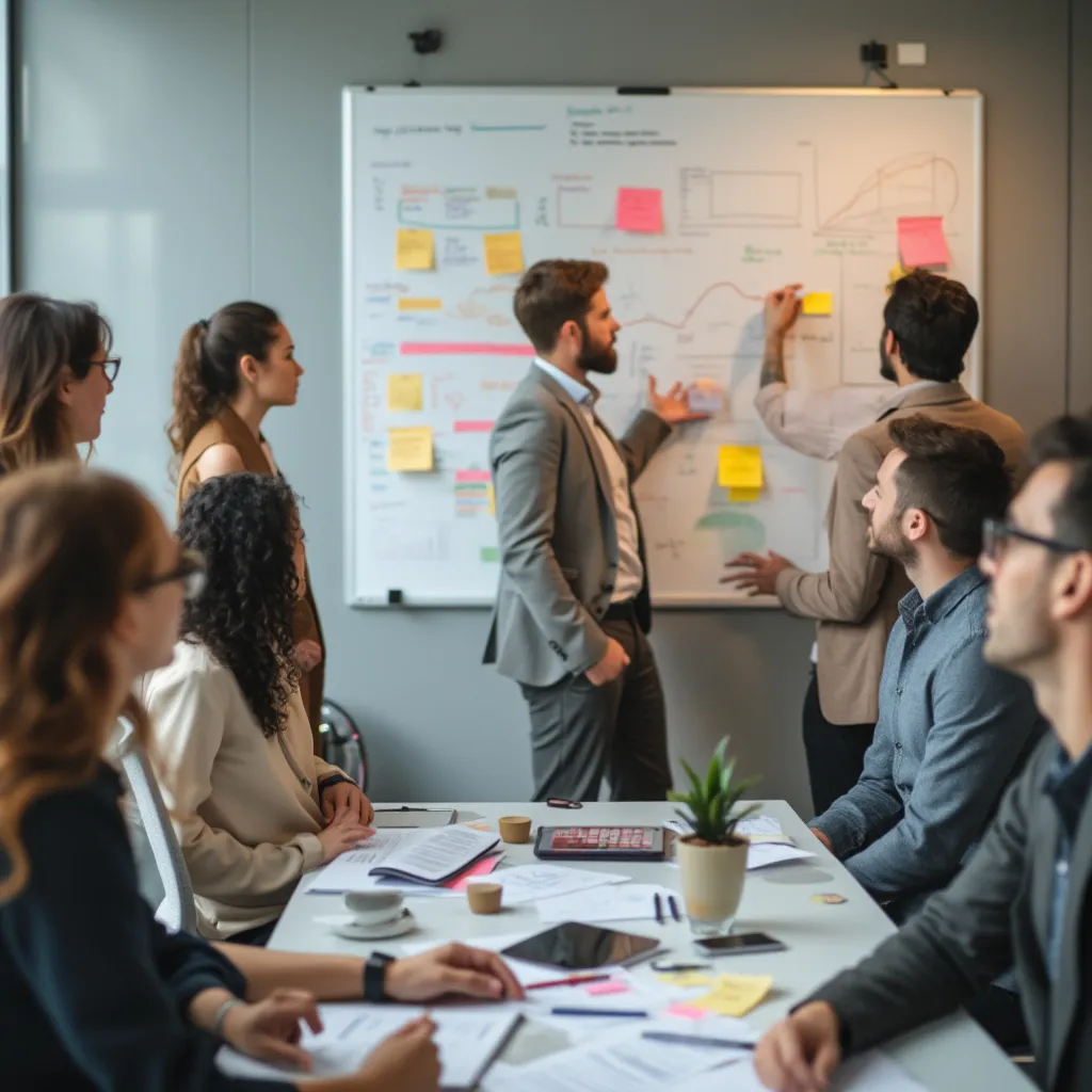 Equipo de consultores colaborando en una sesión de estrategia.