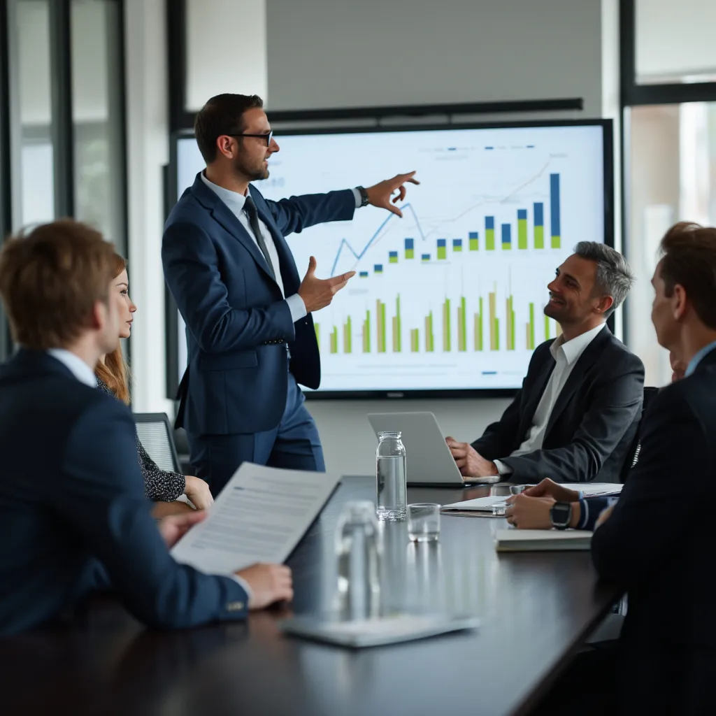 Consultor presentando resultados a un cliente.