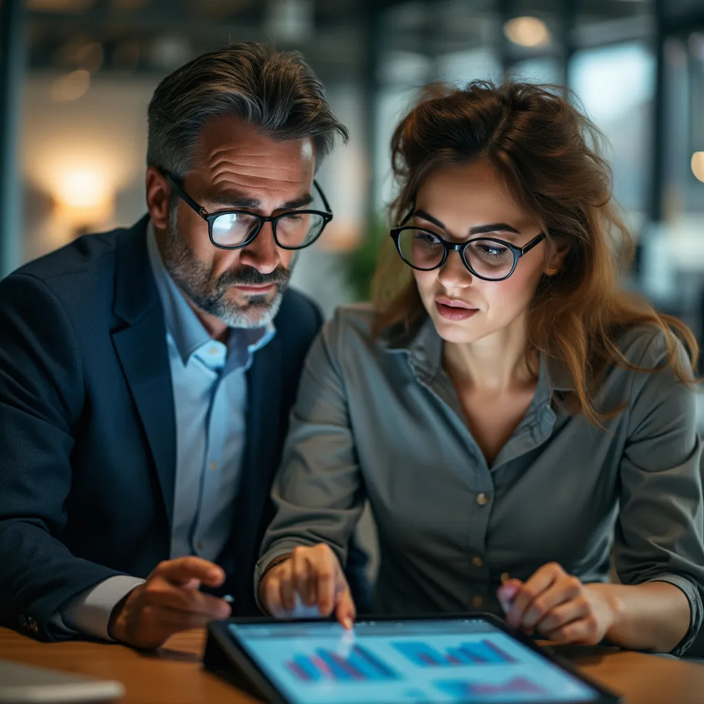 Consultores analizando datos en una tableta digital.