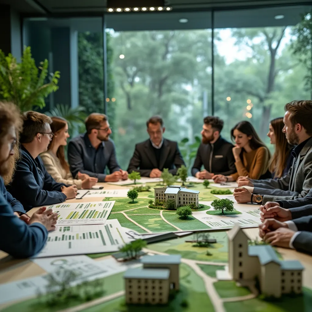 Reunión de planificación estratégica con enfoque en sostenibilidad.
